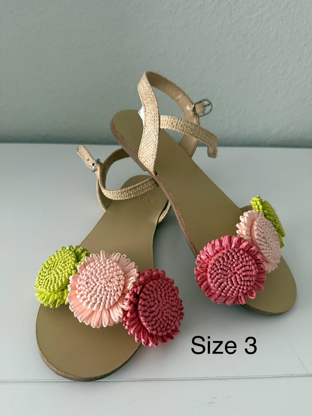 Janie and Jack Beige Sandals with Pink, Coral & Lime Floral Accents